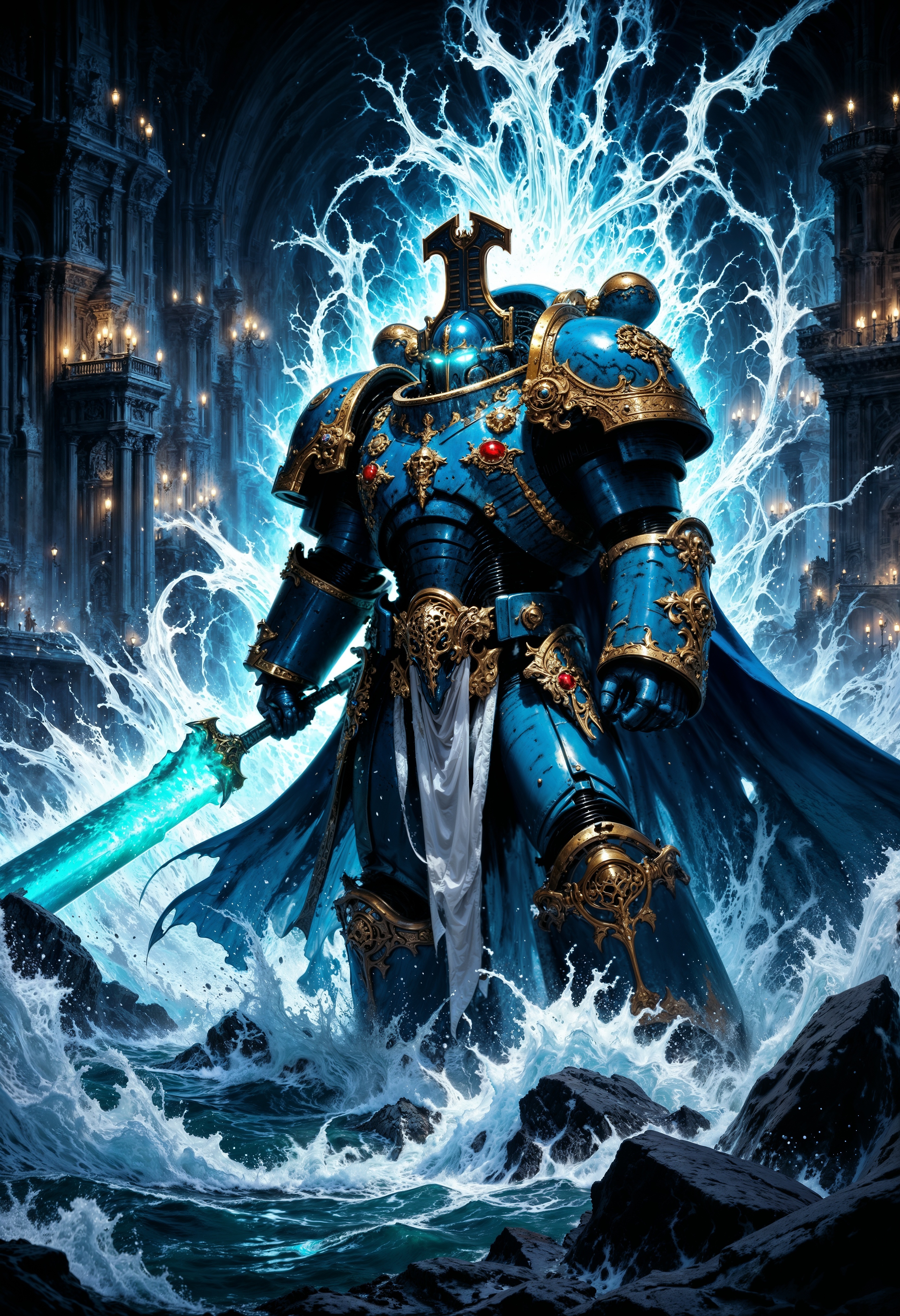 highly detailed magical cinematic scene, Dark, damaged and torn power armored figure with long cape wielding glowing colossal and long blue sword amidst cascading water. two glowing magical eyes visible through his helmet. Powerful, dynamic pose engaging in a dramatic action scene. Figure shrouded in blue-gold ThouS40k power armor, exuding a mysterious and intense mood. The sword, vibrant turquoise, bursts with ethereal energy, radiating light through the water. Water splashes and sprays dramatically around the figure, creating a forceful and evocative mist-filled background. Mid-action portrayal; colossal sword held in motion with implied movement. Dramatic lighting highlights the figure and sword, emphasizing their presence and power. Water's texture suggests forceful motion, contrasted with smooth dark surface of figure's armor. Epic fantasy style, evocative of cinematic action sequences. Atmospheric and heroic feeling enhanced by the dark and dramatic lighting and water features; a strong sense of adventure and danger pervades the image, shallow depth of field, vignette, highly detailed, bokeh, moody, epic, gorgeous, film grain, grainy, mythp0rt, <lora:Dever_Flux_Enhancer:0.3>, <lora:FluxMythP0rtr4itStyle:0.7>, <lora:aura_v2_beta2:0.3>, <lora:Elden_Ring_-_Yoshitaka_Amano:0.4>  <lora:FluxThouS40k:0.9>