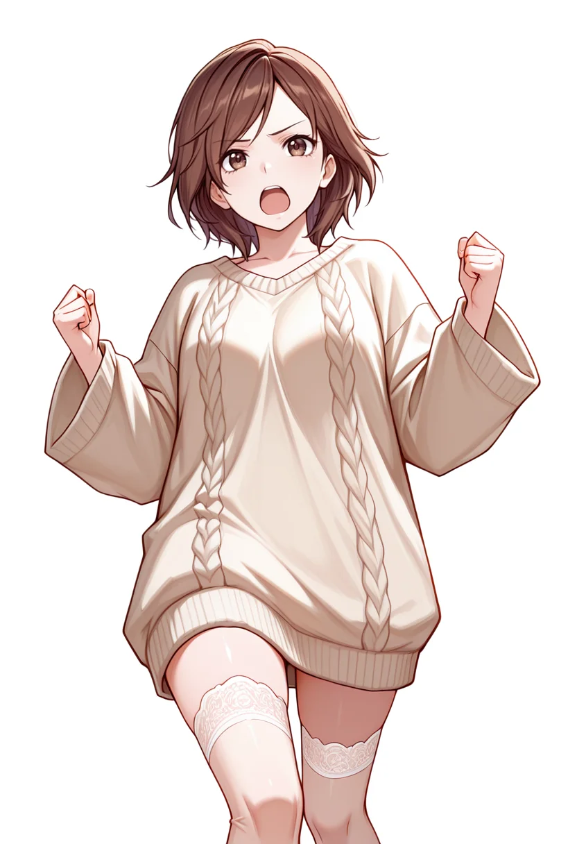 masterpiece,high quality details, absurdres,colorful,
<lora:Hiro_Kurusu_V2:0.8> hiro_cnr, 1girl, brown hair, short hair, brown eyes,, simple background, white background, dutch angle,solo,, frown,screaming,, robe ,oversized sweater ,lace thighhighs, ,no-show socks,