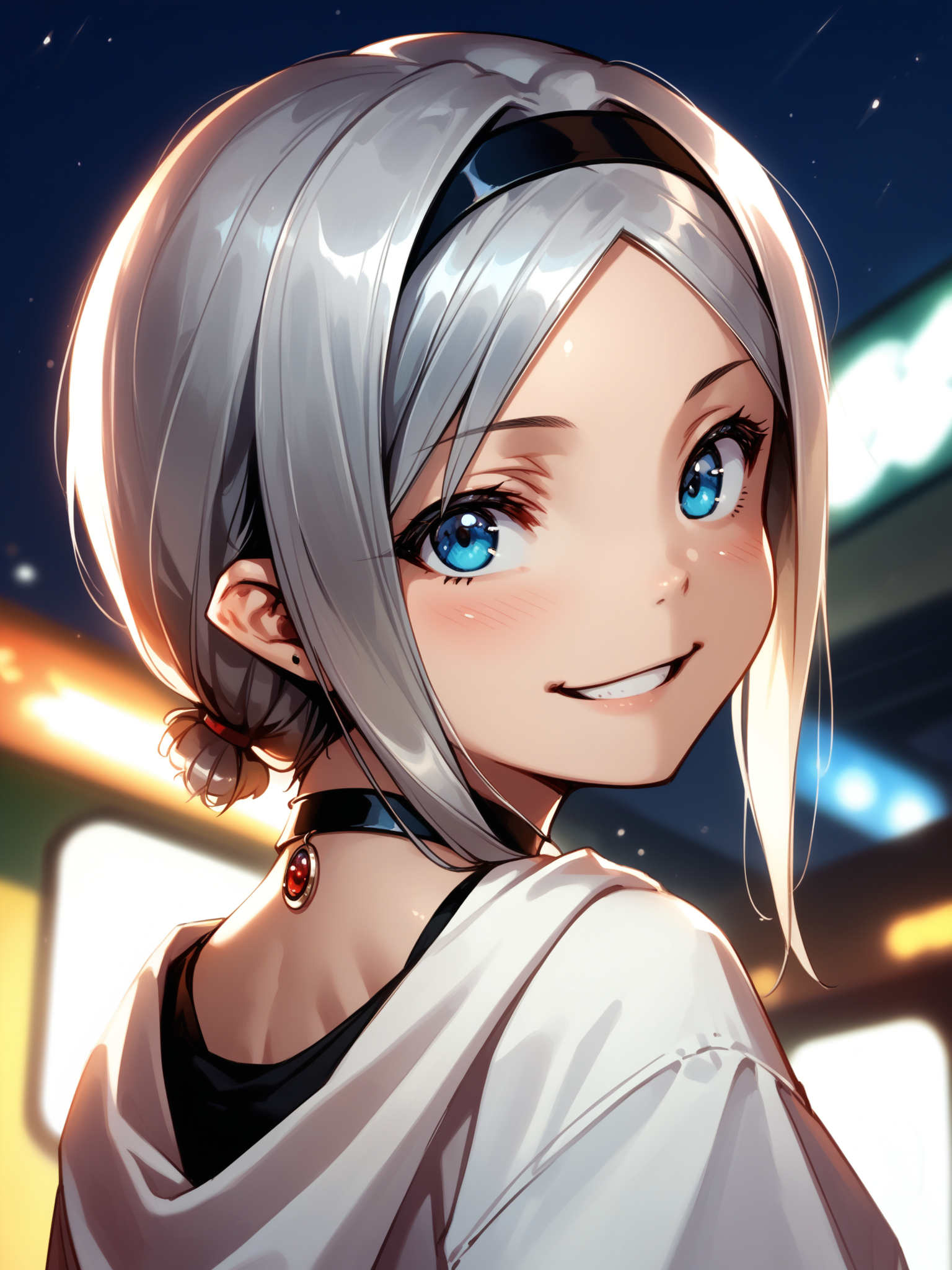 (upper body, solo focus:1.2) <lora:happy_tentacle-leia-v0.1-000033:1>, ht_leia, silver hair, blue eyes, pendant choker, (fangs:0.5), (petite:1.2), <lora:Shed_The_Skin's StS_age_slider_v1_initial_release:-1.3> ( :1.1) ( , , ( :1.2) , smile , looking back :1.1) , outdoors, vegetation, (overgrown :1.1), , (night, night sky :0.6), , (:0.5), , ( :0.9), (subway station :1.2) ( :0.8) score_9, score_8_up, score_7_up, score_6_up, score_5_up, score_4_up, ( [(realistic, photorealistic:1.3):(realistic:1.2):16] [(3d:1.2)::14] :1) <lora:LUUNA's Lunas-NijiJourney-SDXL-B2:0.35>, nijijourney <lora:prgfrg23's Counterfeit-V3.0 Style SDXL_LoRA_Pony Diffusion V6 XL:0.5> <lora:mfcg's mfcgXL:0.12> <lora:reweik's gyokai(himehajime)_PonyXL_style_v01:0.14>