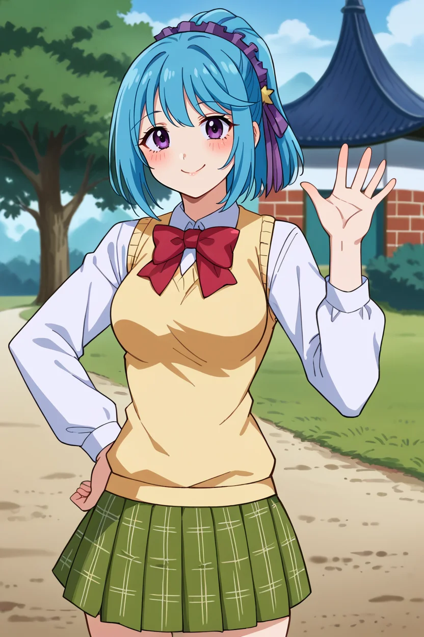 score_9,score_8_up,score_7_up,score_6_up, BREAK kurumu, 1girl, blue hair, purple eyes, solo,looking at viewer,school uniform,upper body, yellow sweater vest, white collared shirt, red bowtie, green plaid skirt,smile,waving,hand on hip,purple headdress, star \(symbol\),long sleeves,ponytail,short hair,mount paozu, grandpa house, red house, blue roof,green door, outdoors, nature, purple hair ribbon,short skirt,brick house,medium breasts,closed mouth,blush,dirt road, grass, bush,east asian architecture, <lora:KurumuPony:1> <lora:MountPaozuPony:1>