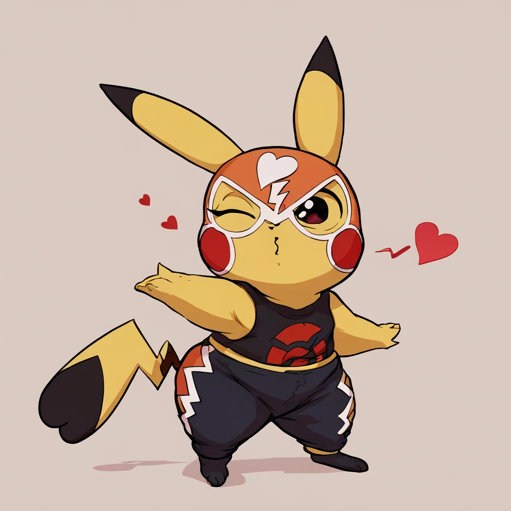 <lora:Pikachu_Libre:1>, BREAK
score_9, score_8_up, score_7_up
Pikachu Libre, shortstack, feral, blowing kiss, heart, winking, big eyes, feminine, by kempferzero, by wamudraws, <lora:FrierenBlowingKissMeme_XLPD:1>