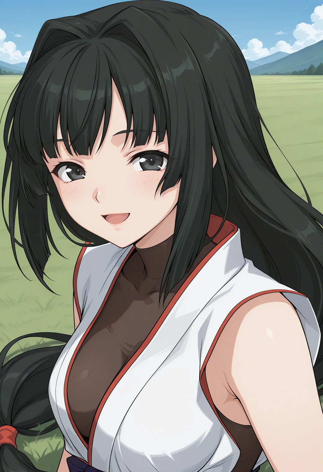 best quality, very aestkusanagi_mikoto, black eyes, black hair, long hair, very long hair, low-tied long hair, hair intakes, fingerless gloves, covered collarbone, cleavage, japanese clothes, sleeveless, <lora:kusanagi_mikoto_illustrious_ver2:0.8>
smile,, masterpiece, best quality, sensitive,, 1girl, solo, blue sky, (grasslands:1.2), looking at viewer,, (upper body:1.2), (close-up:1.2), (facing viewer:1.2), (open eyes:1.4), (portrait:1.2)