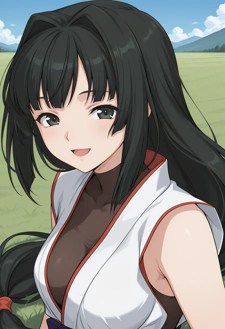 best quality, very aestkusanagi_mikoto, black eyes, black hair, long hair, very long hair, low-tied long hair, hair intakes, fingerless gloves, covered collarbone, cleavage, japanese clothes, sleeveless, <lora:kusanagi_mikoto_illustrious_ver2:0.8>
smile,, masterpiece, best quality, sensitive,, 1girl, solo, blue sky, (grasslands:1.2), looking at viewer,, (upper body:1.2), (close-up:1.2), (facing viewer:1.2), (open eyes:1.4), (portrait:1.2)