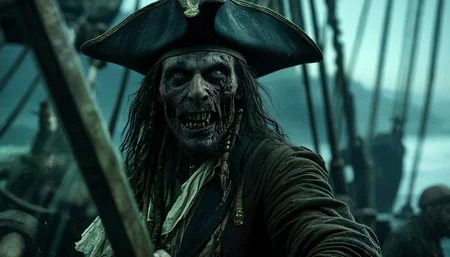 A movie film still of A handsome zombie pirate with a weathered face and a wide-brimmed hat, standing in very dark lighting that highlights the shadows and contours of his expression, enhancing his rugged and intense demeanour. out on the deck of a pirate ghost ship on a moonless night, swinging a cutlass sword at the camera attacking, with an evil grin on his face. 4k , 8k ,UHD