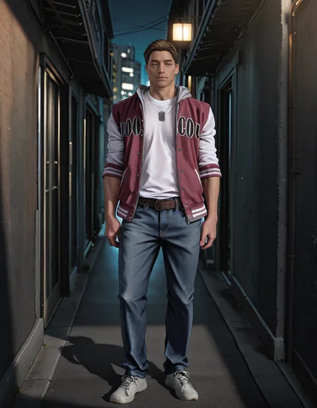 masterpiece, best quality, absurdres, newest, perfect quality, best quality, absolutely eye-catching, detailed background, intricate details, male focus, realistic, solo, <lora:Resident Evil - Samuel Jordan - Illustrious-000004:0.7>, resam, 1boy, mature male, no facial hair, short hair, brown hair, blue eyes, city, alley, night, two-tone hooded jacket, sleeves rolled up, white shirt, dog tags, belt, jeans, white shoesâââ
