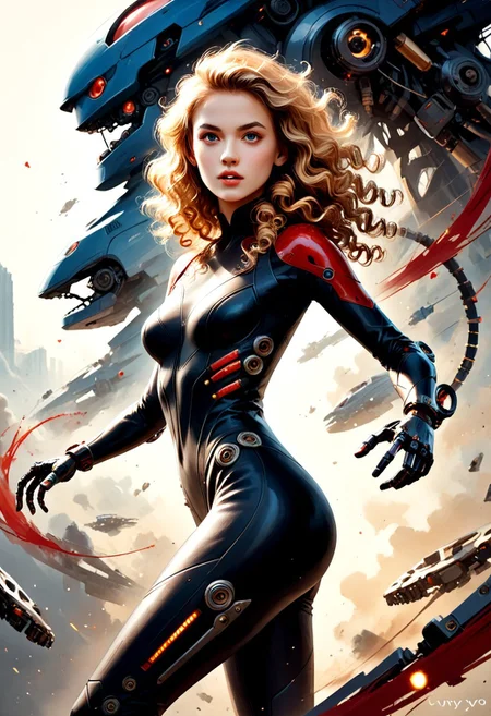 score_9, score_8_up, score_7_up, woman 30yo, European caucasian, blond hair, long curly hair, cowboy shot, medium breasts, cute, red and (black:0.4) bodysuit, mechanical parts, action pose