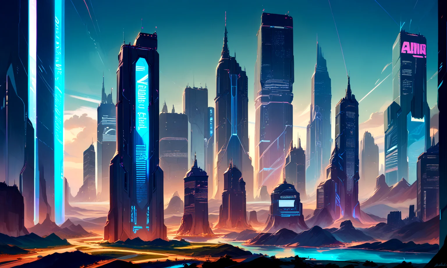 score_9, score_8_up, score_7_up,
<lora:Cyberpunk_Architecture_(Architecture)_(Pony)_(AD):0.8> Cyberpunk Architecture, monumental architecture, architecture, city, cityscape, scenery, building, skyscraper, future, scifi, science fiction, cyberpunk, city skyline,
8K, In'ei, chiaroscuro, rim lighting, perfect depth of field shot, beautiful, sharp focus, crisp details, subsurface scattering and reflections,
photographic anime clouds, photographic realism, masterclass anime, science fiction masterpiece, holograms, holographic advertisements, neon lights, masterclass color theory, asymmetric composition, random time of the day, 8K CGI render, no humans, no_humans, day time,
in the style of and art by Thomas Kinkade,
BREAK zPDXL, zPDXLxxx, <lora:sdxl_lightning_8step_lora:0.4> <lora:detailed_notrigger:0.5>