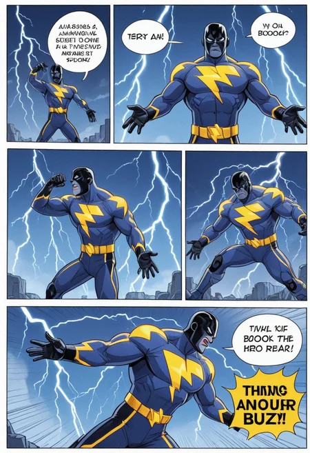 Buzz2, comic book illustration, a super hero, speech bubble reads "BUZZ", hero pose, lightning bolt symbols