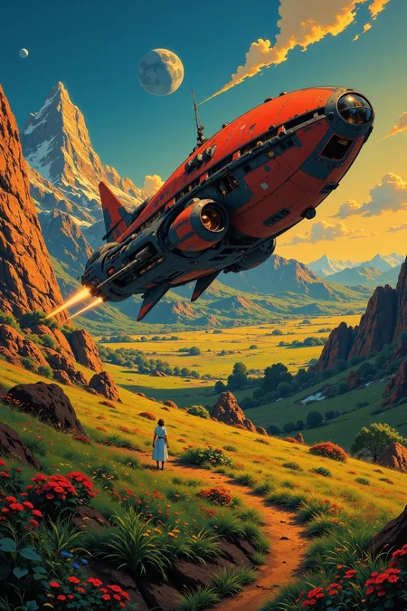 a spaceship full of people beautiful landscape, golden hour, woman, very intricate, very detailed, sharp, bright, colorful, <lora:Hand v2:0.5> <lora:Anti-Blur:1><lora:Insane Detail Slider:0.25>  <lora:flux.1_lora_flyway_Epic-detail_v2:0.3> <lora:fluxenhancer:0.25> <lora:ROWER:0.6> <lora:flux-charmer-v1-1:0.4>>  <lora:Anime_style:0.8> anime style