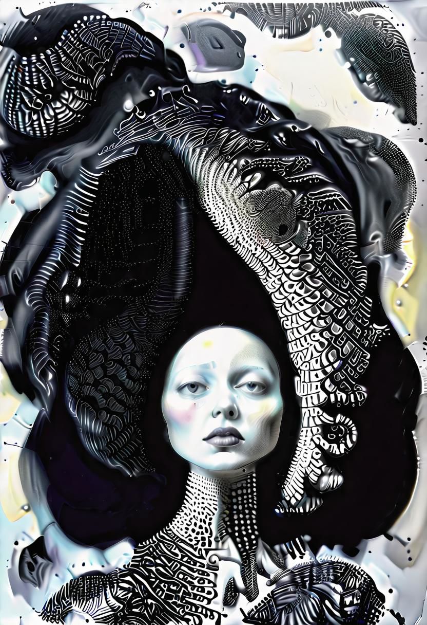 raw sketch of interwoven concrete cement pebbles cob cobblestone shell fishscales snakeskin, by Hans Bellmer, by Malevitch, by Kandinsky, Surreal psychedelic bizarre, psychedelic hallucination, pop surrealism, rough crosshatch drawing pop art Lunatic_Portrait of a young woman in latex Avant-garde Fashion page, slick back, low bun, black makeup, sinister expression, intense glare, (melting flesh covered in moss, rot, mold, bubbles, droplets:1.5), avant-garde, abstract, weird, geometric, constructivism, suprematism, rayonism, verticism, lineism, tj