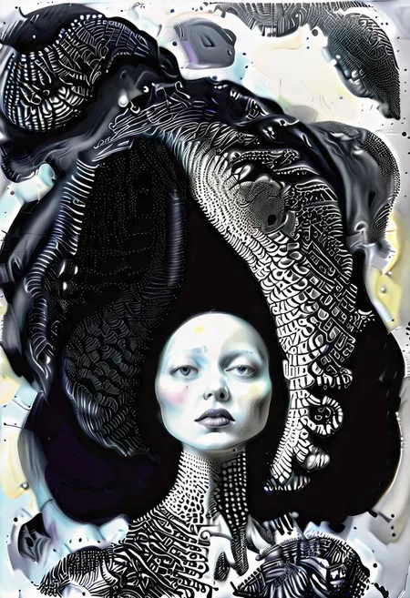 raw sketch of interwoven concrete cement pebbles cob cobblestone shell fishscales snakeskin, by Hans Bellmer, by Malevitch, by Kandinsky, Surreal psychedelic bizarre, psychedelic hallucination, pop surrealism, rough crosshatch drawing pop art Lunatic_Portrait of a young woman in latex Avant-garde Fashion page, slick back, low bun, black makeup, sinister expression, intense glare, (melting flesh covered in moss, rot, mold, bubbles, droplets:1.5), avant-garde, abstract, weird, geometric, constructivism, suprematism, rayonism, verticism, lineism, tj