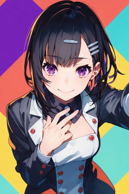 score_9, score_8_up, score_7_up, 1girl, looking at viewer, hands_on_own_chest, kind smile, black hair, multicolored hair, full bangs, hairclip, purple eyes, medium breasts, black tailcoat, from above, colorful background, <lora:mika_pikazo_PonyXL_style_v01:1>