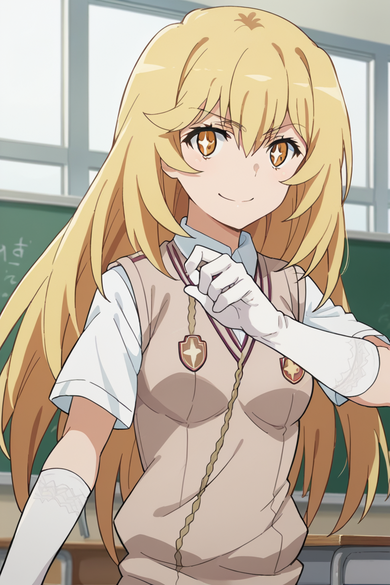 score_9, score_8_up, score_7_up, source_anime,
misakishokuhou, <lora:misaki-shokuhou-s3-ponyxl-lora-nochekaiser:1>,
misaki shokuhou, blonde hair, hair between eyes, long hair, symbol-shaped pupils, yellow eyes, smile,
elbow gloves, gloves, school uniform, short sleeves, summer uniform, sweater vest, tokiwadai school uniform, white gloves, light brown sweater vest,
indoors, classroom,
looking at viewer, cowboy shot, dutch angle, dynamic pose,