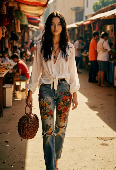 A captivating photograph capturing a fit, young woman with black hair, styled in loose, flowing waves, and warm, hazel eyes, walking casually through a vibrant, bustling market. She has a smooth, golden skin tone, and a small, delicate nose ring that adds a touch of bohemian, free-spirited flair to her overall appearance. Her build is slender and athletic, evident from her toned legs and arms, and she wears a pair of faded, colorful jeans and a flowing, white peasant top that showcases her carefree, eclectic style. A wide, woven basket slung over her arm adds a touch of earthy, natural elegance to her outfit, and a pair of bright, colorful sandals adds a pop of color to her feet. Her facial expression is one of quiet contentment, with a soft, enigmatic smile playing on her lips. The lighting is warm and soft, with the bright, overhead sun casting a gentle, golden glow over the entire scene, accentuating the woman's features and creating long, gentle shadows that stretch across the market stalls. The atmosphere is lively and vibrant, with a cacophony of sounds and smells that add to the sense of excitement and wonder, and a subtle, dynamic blur that adds to the sense of movement and energy. The background features a crowded, bustling market, with rows of colorful stalls and vendors that add to the sense of vibrant, cultural diversity, and a few, blurry shapes of other market-goers that add to the sense of bustling activity. The shot is a mid-range, slightly low-angle shot, emphasizing the woman's connection to the surrounding environment, and the overall mood is one of carefree, joyful abandon. The image features a shallow depth of field, focusing sharply on the woman while softly blurring the background, and a slight, warm film grain that adds to the sense of vibrancy and life. <lora:Fluxartis IIB:0.6>
