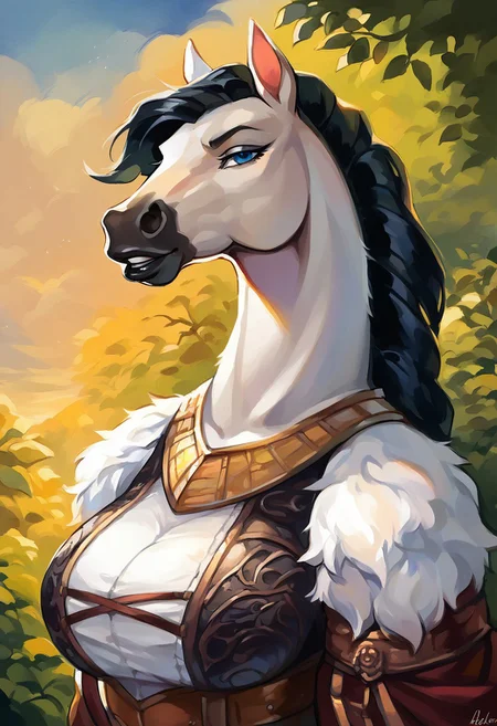 score_9, score_8_up, score_7_up, score_6_up, (high quality, masterpiece),
2d, traditional media, sketch, watercolor,
fantasy, upper body, outdoors,
1girl, source_furry, furry, anthro, horse, female equine, black eye shadow, black lips, long black hair, black horse tail, (white fur, white body, white skin), blue eyes, large breasts, parted lips, adventurer, adventurer clothes, looking at viewer,