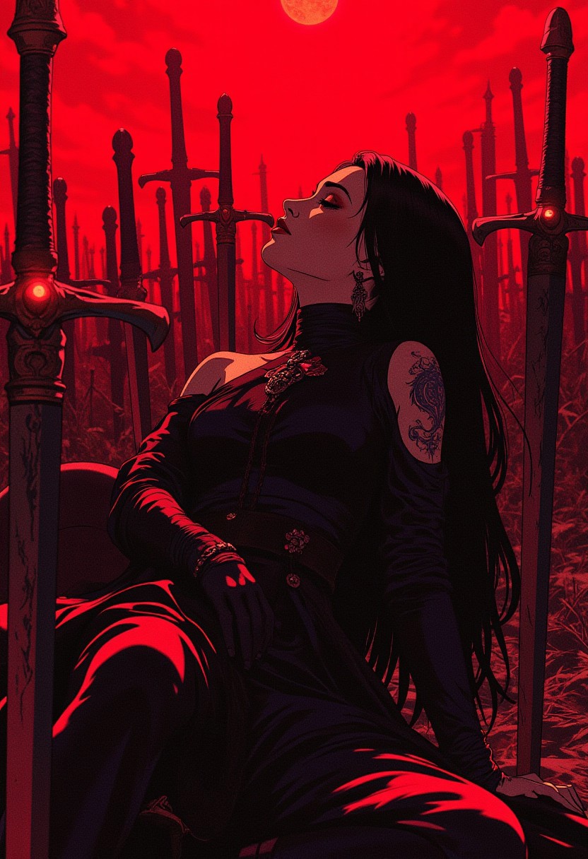 A gothic warrior with long black hair and a dark dress, reclining against a sea of swords planted in the ground. The red sky intensifies the dark mood, and her eyes are filled with a haunting calm. The swords glisten under the crimson light. (epic dark fantasy style).
ne0nfant4sy