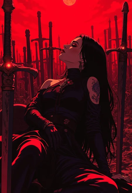 A gothic warrior with long black hair and a dark dress, reclining against a sea of swords planted in the ground. The red sky intensifies the dark mood, and her eyes are filled with a haunting calm. The swords glisten under the crimson light. (epic dark fantasy style).
ne0nfant4sy
