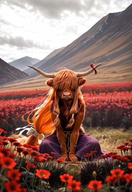 masterpiece, best quality, (long flowing in the wind:1.2), no humans, lora:IbukiSuikaTouhouIXL:1.0>, zzSuika, brown eyes, hair bow, horns, long hair, low-tied long hair, oni horns, orange hair, very long hair, horn ribbon, purple skirt, sitting, zzCow, solo, flower, outdoors, sky, cloud, blurry, cloudy sky, red flower, scenery, mountain, field, hair over eyes, ,<lora:HighlandCow_IXL:1.0>,