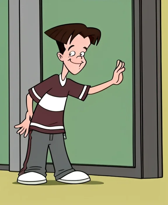 <lora:what_about_mimi-16:0.9>, 1boy, solo, Jason, brown hair, striped shirt, pants, smiling,