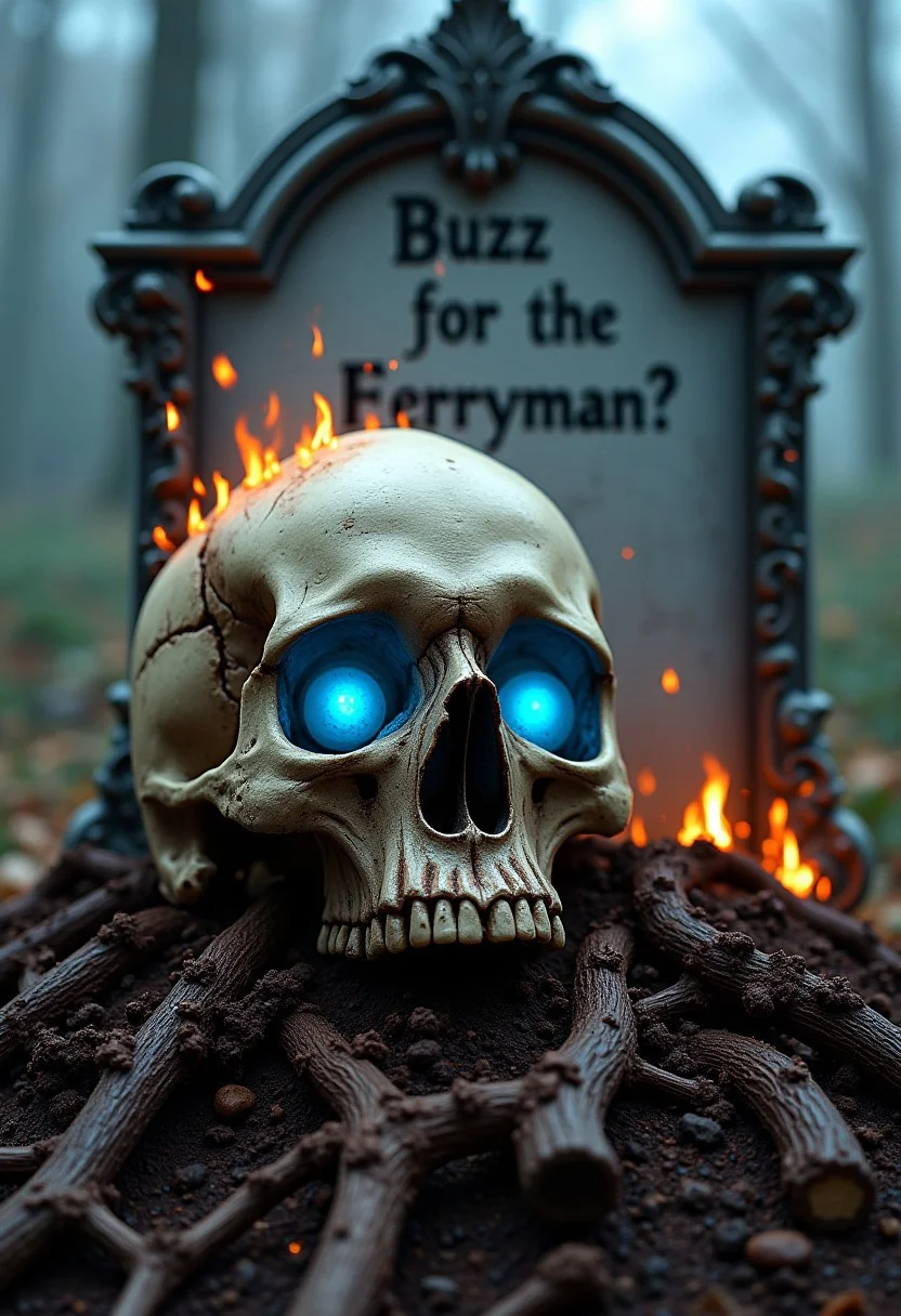A human skull resting on a mound of dirt and intertwined in roots and clumps of dirt, blue glowing orbs setting within the eye sockets, sparks and embers floating through the air. A large fancy grave stone in the back with text the says "Buzz for the ferryman?"
