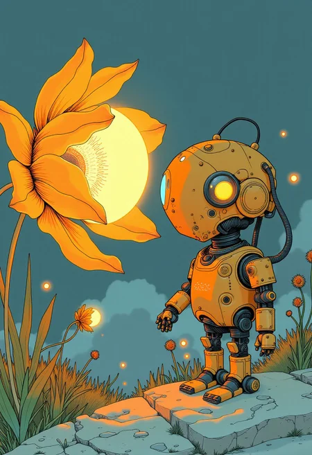 A small and cute, orange colored research robot examining a large, glowing flower.