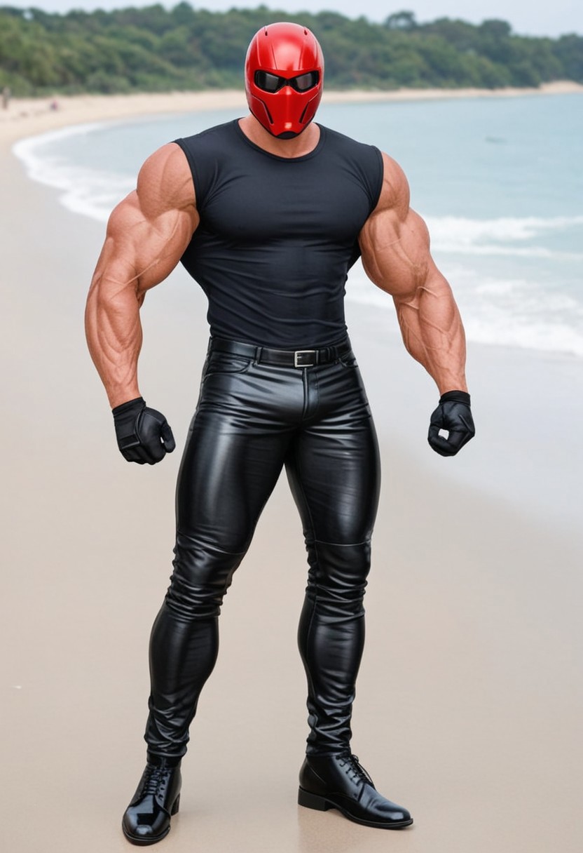 1man, black pants, gloves, pants, black leather gloves, tight black clothes, black opened leather blazer jacket, male focus, helmet, (black opened tuxedo leather blazer, tight black tuxedo shirt, standing, muscular male, muscular, huge biceps, bara, black leather gloves, black leather pants, black men leather shoes:1.8), black leather blazer jacket, tight black latex shirt, tight pants, standing up, flexing, taut black clothes, boots, large pectorals, large biceps, black opened leather blazer jacket, taut black latex shirt, black footwear, (sleek red Red Hood motorcycle helmet with solid white eye lenses, completely covers mouth:1.7), tropical beach<lora:KoraPhotography_PonyXL-000016:0.8>