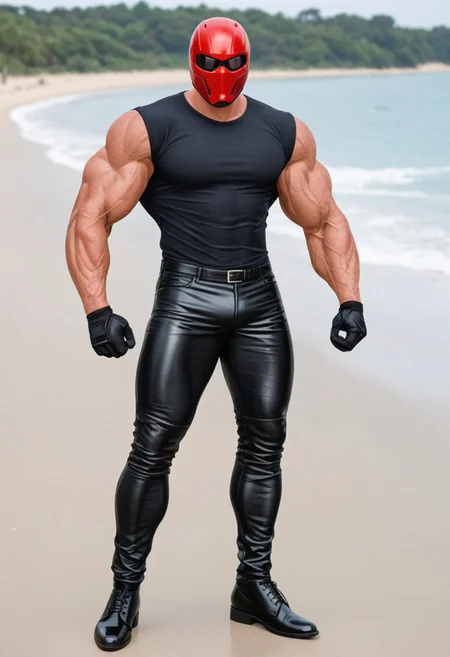 1man, black pants, gloves, pants, black leather gloves, tight black clothes, black opened leather blazer jacket, male focus, helmet, (black opened tuxedo leather blazer, tight black tuxedo shirt, standing, muscular male, muscular, huge biceps, bara, black leather gloves, black leather pants, black men leather shoes:1.8), black leather blazer jacket, tight black latex shirt, tight pants, standing up, flexing, taut black clothes, boots, large pectorals, large biceps, black opened leather blazer jacket, taut black latex shirt, black footwear, (sleek red Red Hood motorcycle helmet with solid white eye lenses, completely covers mouth:1.7), tropical beach<lora:KoraPhotography_PonyXL-000016:0.8>