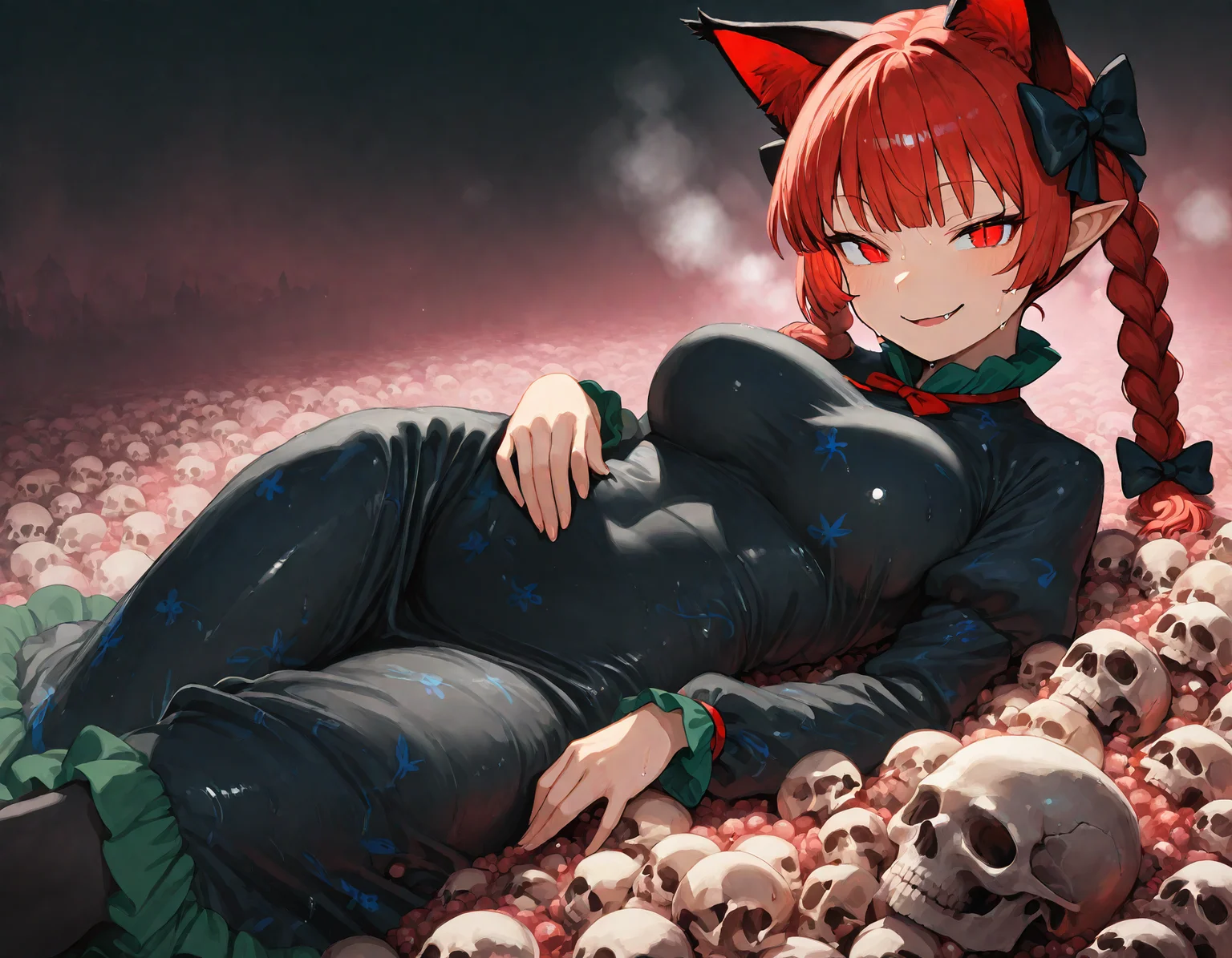 munakata_(sekimizu_kazuki), hamada_yoshikazu,negative space, cinematic shot, masterpiece, highres, absurdres, newest,  wide shot, ,slimes_skullwm,made of skulls,kaenbyou_rin, touhou, 1girl, pink_hair, red_eyes, solo,animal_ears ,black_bow, black_dress , braid,breasts, cat_ears , dress,extra_ears, fang ,frilled_dress ,frills, hair_bow ,large_breasts ,long_eyelashes  ,long_sleeves ,multiple_hair_bows, pointy_ears ,red_bow , red_hair, slit_pupils, smil,tight_clothes ,tight_dress, twin_braids ,fang, crazy_eyes ,holding skull, looking at viewer, seductive smile, steaming body, in heat, sweaty, lying, on back,
<lora:SlimesSkullWM:1> <lora:ponyv5_noobE11_1_adamW:0.7> <lora:illustrious_noobai_epsilon_pred_11_very_aesthetic_v1:0.7> , <lora:kaenbyou_rin_image6792_2023-12-20:0.6>