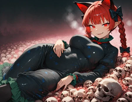 munakata_(sekimizu_kazuki), hamada_yoshikazu,negative space, cinematic shot, masterpiece, highres, absurdres, newest,  wide shot, ,slimes_skullwm,made of skulls,kaenbyou_rin, touhou, 1girl, pink_hair, red_eyes, solo,animal_ears ,black_bow, black_dress , braid,breasts, cat_ears , dress,extra_ears, fang ,frilled_dress ,frills, hair_bow ,large_breasts ,long_eyelashes  ,long_sleeves ,multiple_hair_bows, pointy_ears ,red_bow , red_hair, slit_pupils, smil,tight_clothes ,tight_dress, twin_braids ,fang, crazy_eyes ,holding skull, looking at viewer, seductive smile, steaming body, in heat, sweaty, lying, on back,
<lora:SlimesSkullWM:1> <lora:ponyv5_noobE11_1_adamW:0.7> <lora:illustrious_noobai_epsilon_pred_11_very_aesthetic_v1:0.7> , <lora:kaenbyou_rin_image6792_2023-12-20:0.6>