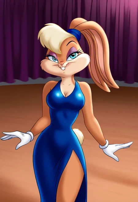lola, 1girl, solo, rabbit ears, smile, buck teeth, eyeshadow, body fur, scrunchie, blue eyes, blonde hair, breasts, midriff, white gloves, rabbit tail, (evening dress), tight dress, side slit dress, dancing with bugs bunny