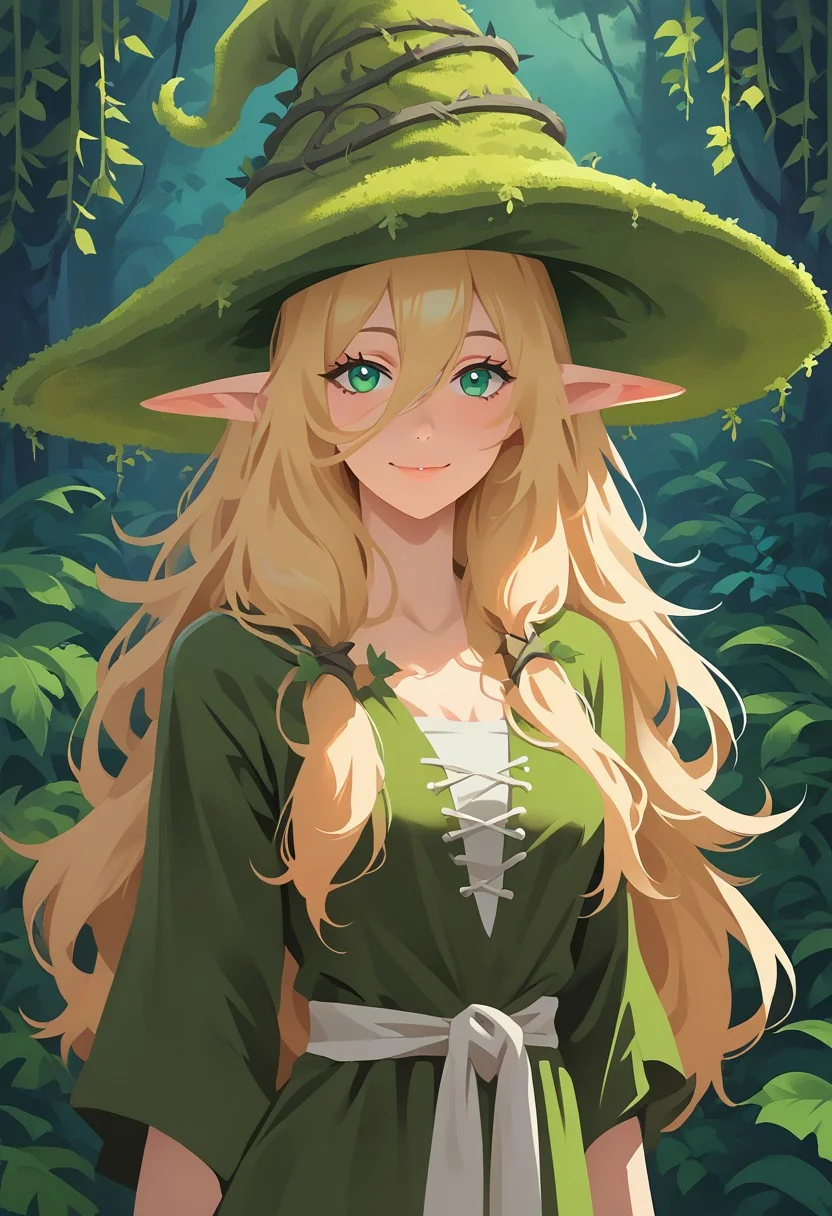 score_9, score_8_up, score_7_up, score_6_up, 2d, 1girl, solo, long blonde hair, hair between eyes, innocent smile, cute face, plants, dense foliage, outside, pinup style pose, pinup, linen tunic, night, thorny vines, black dyed hair tips, elf ears, wizard hat, moss hat, women overgrown by plants, flat colosts, lineless, vector art,