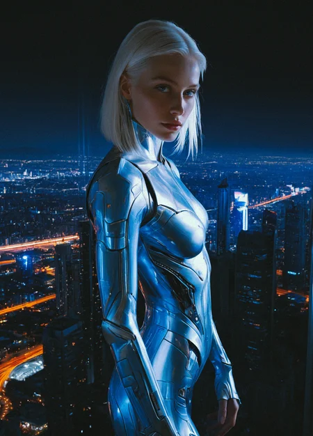 (SFW:1.25), digital art illustration, oil painting, render,
young woman, 25yo, full body shot, detailed face, highly detailed,
1girl, masterpiece, best quality, long hair, pale skin, cute face, light eyes, subtle make up, artistic composition,
adult, alluring, photo, (high cheekbones:0.85)
A masterwork oil painting of serene and elegant futuristic young woman who has a sleek, white and blue metallic body with integrated blue LED lights running along her contours. Her eyes are a piercing, luminous blue, reflecting the neon lights of the city. She has ping shoulder length hair, pale white skin, and blue eyes. She is clad in futuristic, form-fitting metallic armor, combining elegance with technology. She stands gracefully on the edge of the building, with a tranquil expression. Her body is slender, petite, and athletic. Her body is cyborg with mechanical parts integrated into it. Her arms and chest are fully mechanical. Her pose symbolizes calmness and balance, perhaps with one hand resting lightly by her side and the other raised slightly, her metallic fingers splayed gently. The city below is a shimmering maze of neon lights, towering skyscrapers, and flying vehicles. The buildings are adorned with giant holographic advertisements, casting a rainbow of colors onto the streets below. A few vibrant neon signs in alien languages add to the futuristic flair. The scene is set at night, with a clear, starry sky above. The cyberpunk city glows with an otherworldly light, creating a stark contrast with the serene android woman. The air is filled with a faint mist, catching the light and adding depth to the scene. She is beautiful and looks like a fashion model. Masterful painting, oil on canvas, Focus on the girl, Painted by John Singer Sargent, Masterful painting, oil on canvas, Focus on the girl, shadow and light, Rembrandt lighting, brush strokes. emotional, harmonious, vignette, 4k epic detailed, shot on kodak, Composition with woman on the left and wide city scape on the right, <lora:Elegence_Niji:0.23> <lora:Purple_Grace_v2:0.75> <lora:NeonSpectra-000012:0.6> <lora:mot_wwm:0.51> <lora:fenn_neoncolor:0.4800006103515625>
