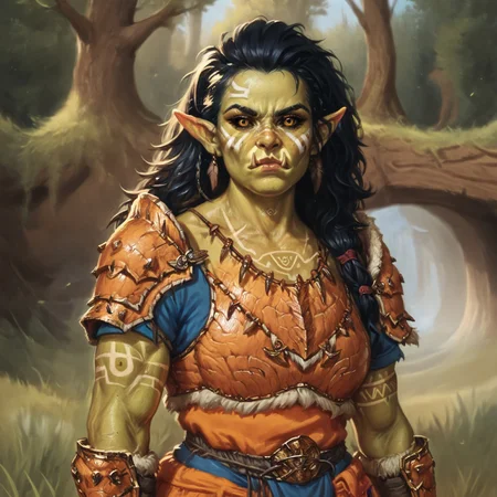 (((beautiful, high quality))), upper Body, score_9, score_8_up, score_7_up, valeria, Orc, fangs, pointed ears, black sclera, 1girl, green skin, amber eyes, amber eyes, fur trim, fur armor, looking at the viewer, dynamic pose, blurred background, in the style of jeff-easley, oil painting, realistic, black hair, short sleeves, serious look, tribal tattoos, (orange armor:1.2), muscular, defined fangs,