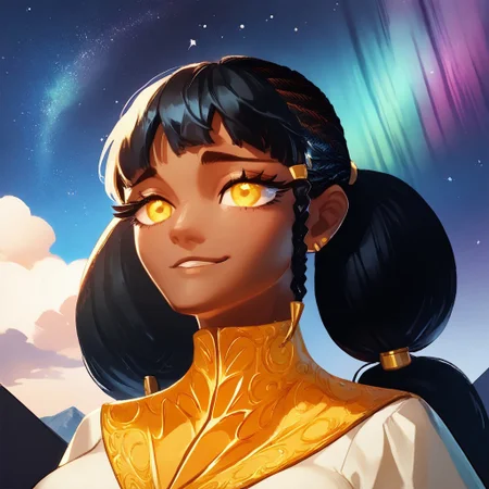 safe_pos, Desscaras, tied hair, 1girl, girl, female, woman, dark skin, yellow eyes, black hair, asymmetrical bang, beautiful, gorgeous, perfection, insanely detailed, masterpiece, HD, best quality, perfect anatomy, upper body, perfect eyes, perfect face, detailed eyes, detailed face, face focus, small gold earring, asymmetrical earrings, white dress, gold detail, white clothing, white and gold dress, cute, dark sky, clouds, smug, shiny, big braids, space, aurora, round braids, round tied hair, breasts, hair behind back, score_9_up, score_8_up, score_7_up