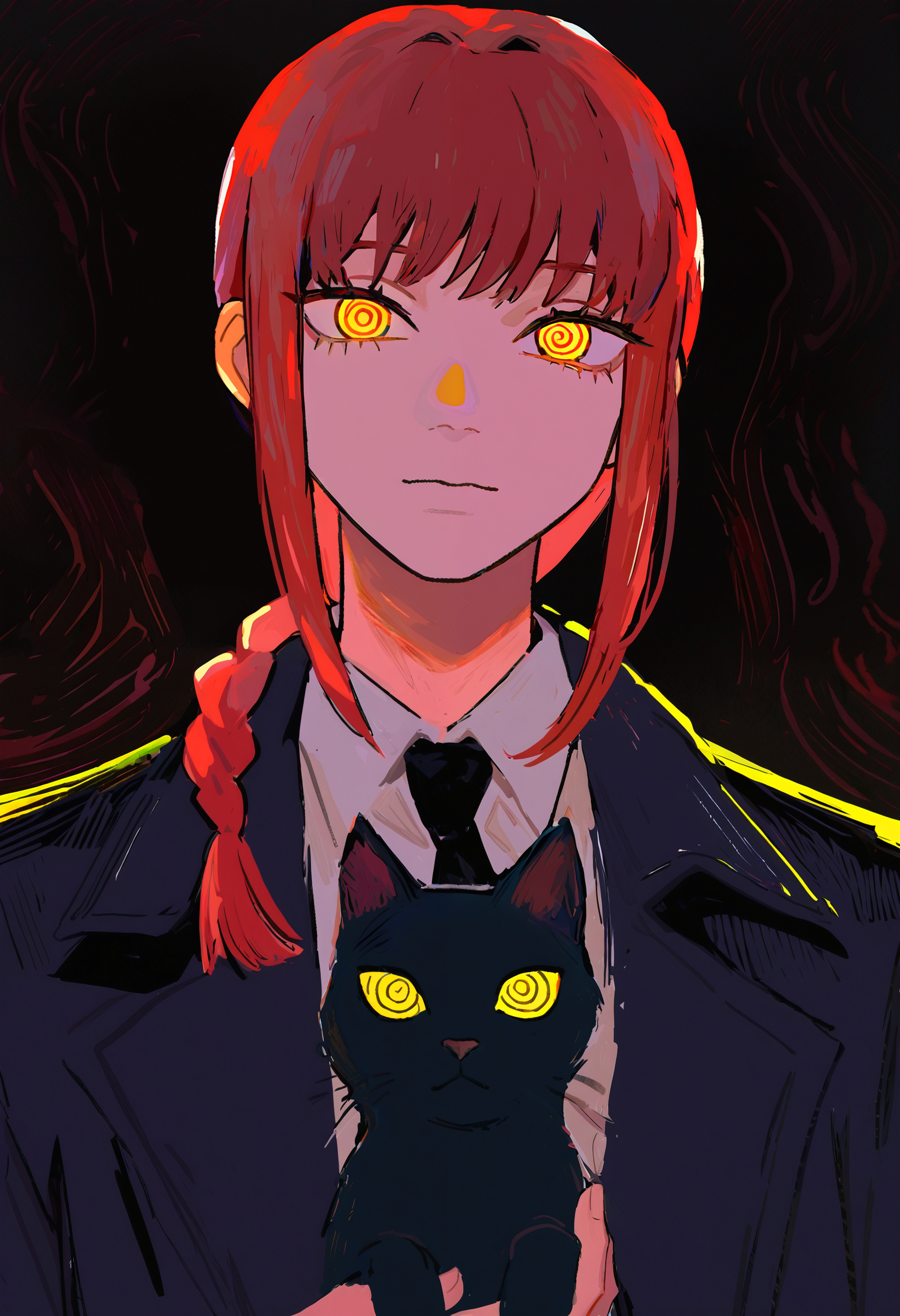 <lora:eXZvdG9ybw==-noobaiXLNAIXL_epsilonPred_V110_V1-CAME>, eXZv, makima \(chainsaw man\), 1girl, braid, holding animal, yellow eyes, necktie, looking at viewer, black necktie, ringed eyes, shirt, holding, red hair, braided ponytail, white shirt, collared shirt, animal, sidelocks, solo, suit, cat, formal, holding cat, coat, jacket, black coat, long hair, hair over shoulder, closed mouth, medium hair, black jacket, rabbit, upper body, dark background, black cat