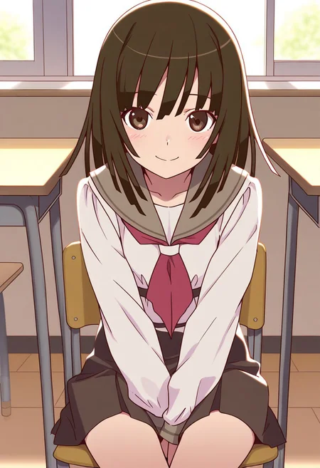 <lora:illustrious_XL_nadeko:0.9>,nadeko,masterpiece,best quality,good quality,1girl,solo,long hair,long bangs,school_uniform,sailor,day,indoor,classroom,v_arms,sitting_on_chair,smile,light_blush,