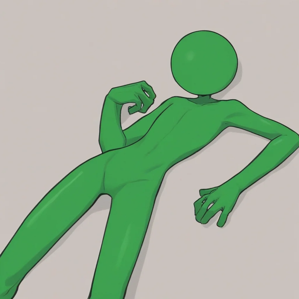 Stickman, stick_figure, round Head, green skin, laying back