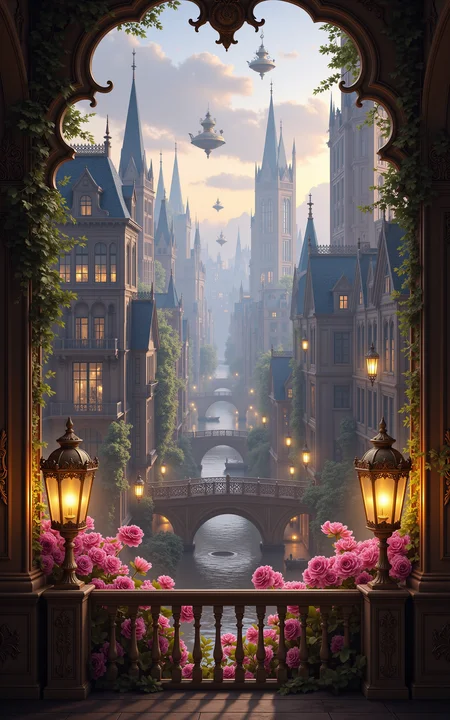 an enchanted balcony overlooking a fantastical steampunk city,tall ornate buildings with spires and bay windows stretching into the misty distance,floating botanical vessels hovering in the sky,golden light pouring from antique lanterns,lush pink flowers in full bloom,no characters,vivid style,
<lora:aidmaMJ6.1v0.4:0.6>,aidmaMJ6.1,<lora:AntiBlur:0.8>,