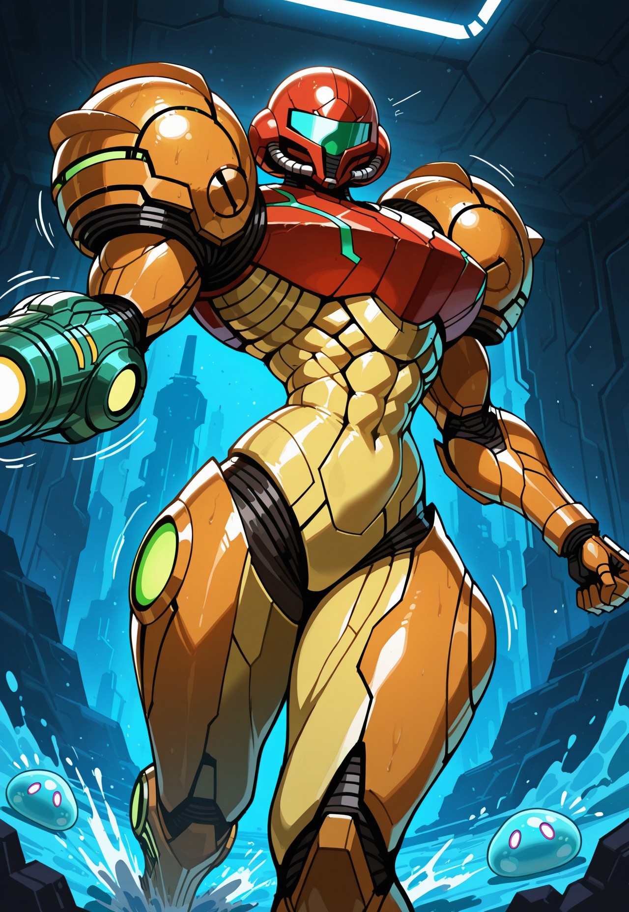 score_9, score_8_up, score_7_up, motion lines, dynamic 1girl, skindentation, seductive, volumetric lighting, cinematic lighting, sensual atmosphere, seductive look, 
BREAK
Samus, solo, PrimeVaria, power_suit, Green_arm_cannon, helmet, 1_hand, phazon falling from ceiling, slime, (blue slime), slime all over samus, phazon slime
BREAK
athletic and fit, toned arms, thick thighs, dashing, panicked, 
BREAK
running through alien ship, alien spaceship interior, atmospheric, cold, masterpiece