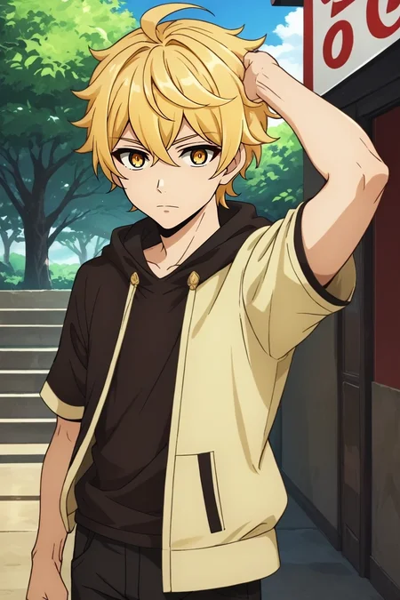 zPDXL, score_9, score_8_up, score_7_up, rating_safe, intricate details, looking at viewer, , 1boy, aether \(genshin impact\), genshin impact, blonde hair, yellow eyes, solo, wide angle, wide shot, cowboy shot, bus stop, noon, arm up, relaxed, <lora:kami_no_tou_style_pony:1.14>, kami_no_tou_style, , <lora:sdxl_lightning_8step_lora:1>