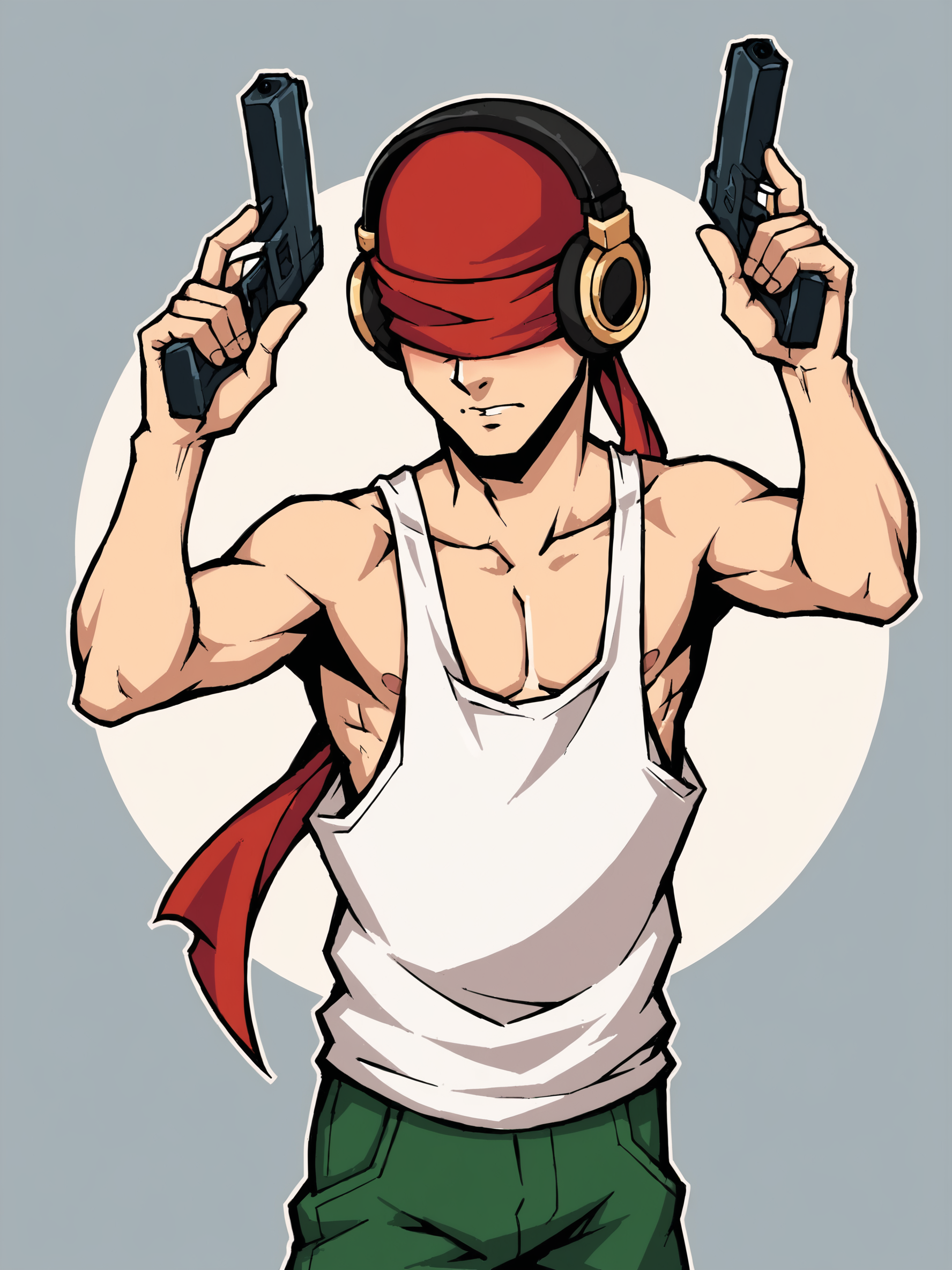 score_9, score_8up, score_7up, score_6up, score_5up, score_4up, abstract background, source_cartoon, rating_explicit, BREAK
solo, male, con_smith, headband, blindfold, headphones, white tank top, green pants, guns, dual wielding, BREAK
 <lora:Con_Smith_-_Killer7_-_PDXL:0.8>