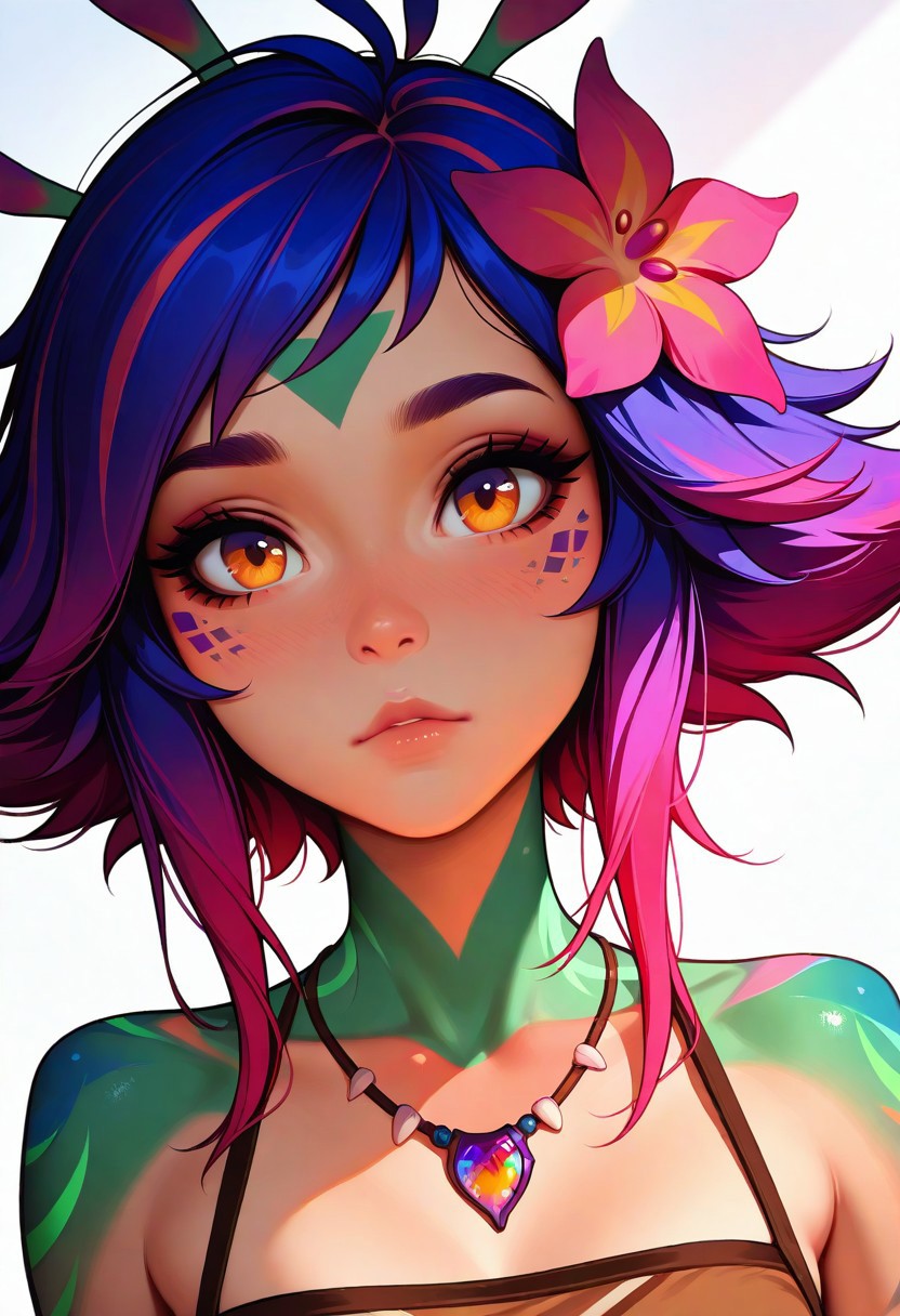masterpiece, best quality, amazing quality, very aesthetic
Artist : Tsuaii, Artist : Incase, flat colors,
1girl, close up, portrait, face focus, looking at viewer, 
neeko, multicolored hair, colored skin, facial mark, forehead mark, hair ornament, hair flower, necklace, brown crop top, midriff, brown shorts, loincloth
(neutral white background), dynamic lighting,