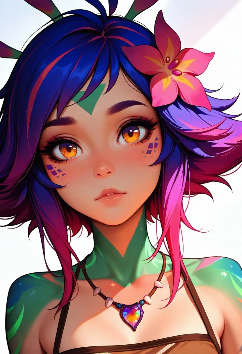 masterpiece, best quality, amazing quality, very aesthetic
Artist : Tsuaii, Artist : Incase, flat colors,
1girl, close up, portrait, face focus, looking at viewer,
neeko, multicolored hair, colored skin, facial mark, forehead mark, hair ornament, hair flower, necklace, brown crop top, midriff, brown shorts, loincloth
(neutral white background), dynamic lighting,