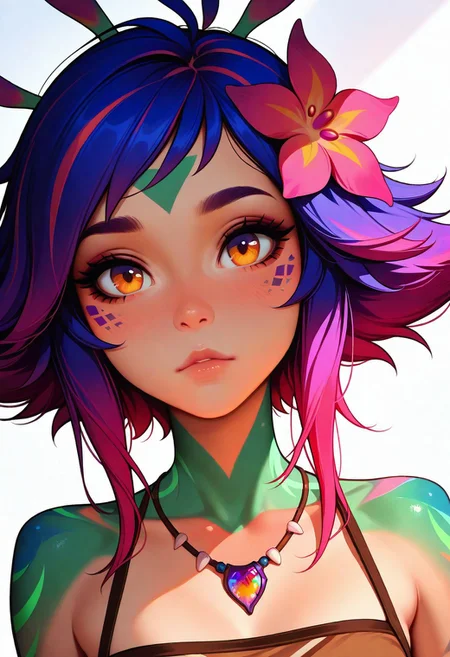 masterpiece, best quality, amazing quality, very aesthetic
Artist : Tsuaii, Artist : Incase, flat colors,
1girl, close up, portrait, face focus, looking at viewer,
neeko, multicolored hair, colored skin, facial mark, forehead mark, hair ornament, hair flower, necklace, brown crop top, midriff, brown shorts, loincloth
(neutral white background), dynamic lighting,
