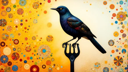 black-toned European robin perched on a garden fork, goth, intricate white and yellow filigree, damaged, billowing bright dust, very detailed <lora:midjourney_whisper_chromaplex_v1:1.21>