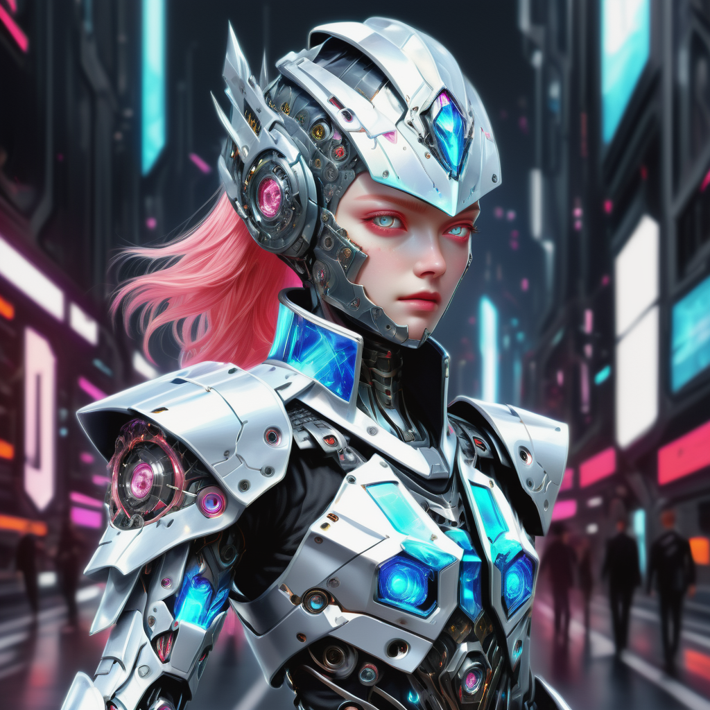((best quality)), ((masterpiece)), ((realistic,digital art)), (hyper detailed),DonMR0s30rd3rXL cyborg knight upper body clothing, V-neck, AR-embedded Carbon-fiber, , Auroral Prism Roof Panels, Flutter Sleeves, Asymmetrical Hemline, Empire Waist,  Side Seam Slits,,Embroidery,  , octane rendering <lora:DonMR0s30rd3rXL-000012:0.8>