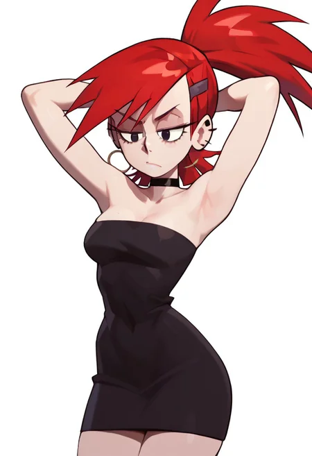 Expressiveh, anime artwork, score_9, score_8_up, score_7_up, score_6_up, score_5_up, <lora:Lunas-Nyantcha-Thiccwithaq-SDXL-A1:1>
1girl, solo, FrankieFoster, Frankie Foster, red hair, ponytail, medium hair, asymmetrical bangs, long eyeliner, long eyeslashes, making a ponytail, arms up, armpits, medium breast, 
black short dress, bare arms, bare neck, bare shoulders, straight cleavage, slim body, wide hips, thin waist, serious face, lips, 
white background, simple background, cowboy shot