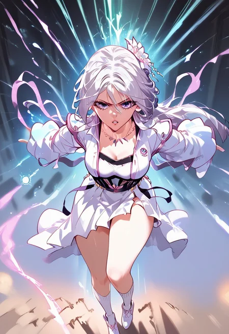 zPDXL3, score_9_up, score_8_up, score_7_up, Anime_source, 1girl,ChuQingCheng, purple eyes, white hair, long hair, half updo, medium breasts, parted lips, beautiful, voluptuous, hourglass figure, big breasts, bare shoulders, cavern background, soft lighting, masterpiece, best quality, highly detailed,
sexy pose, dynamic pose,
high heels,
very aesthetic, source_anime, detailed, high quality, beautiful, masterpiece, detailed eyes, black and white school uniform, gold trim, long-sleeved jacket, short skirt, pleated skirt, knee-high socks, white shoes, academy badge on arm
, slim, perfect fingers, parted lips, looking at viewer, Dynamic pose, sexy pose,
<lora:energy_beam:0.9> solo, energy_beam from hand, magic, pushing, fighting stance, standing in the middle of destroyed buildings, day time, castle room background