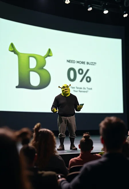 "Ultra HD, cinematic meme, Shrek as a tech CEO wearing Steve Jobs' signature black turtleneck, standing on a glowing Apple-style presentation stage. Behind him — a huge screen with:
Slide 1: "BUZZ 2.0" logo (green onion-shaped 'B')
Slide 2: Chart nosediving to 0% with "Your Content" label
Slide 3: "NEED MORE BUZZ?" in minimalist Apple font
Key details:
Shrek holding a cracked iPhone (screen shows "0 BUZZ Points"), his face in dramatic "But wait, there's more!" expression
Donkey in the audience wearing "Tech Blogger" press badge, live-tweeting "#SwampKeynote"
Fiona facepalming in the front row
Gingy as a hype man throwing "BUZZ Coins" at the crowd
Style:
Apple product launch parody (clean white stage, dramatic spotlight)
"One more thing..." slide revealing a "Dragon-Viral Algorithm"
8K, hyper-detailed, (Shrek's ear twitching with confidence:1.3)"
Slide zooming into iPhone's 'Swamp Mode' feature (mosquito repellent emoji)"
"Shrek dropping a "BUZZ Pods" (airpods but with firefly larvae)"
