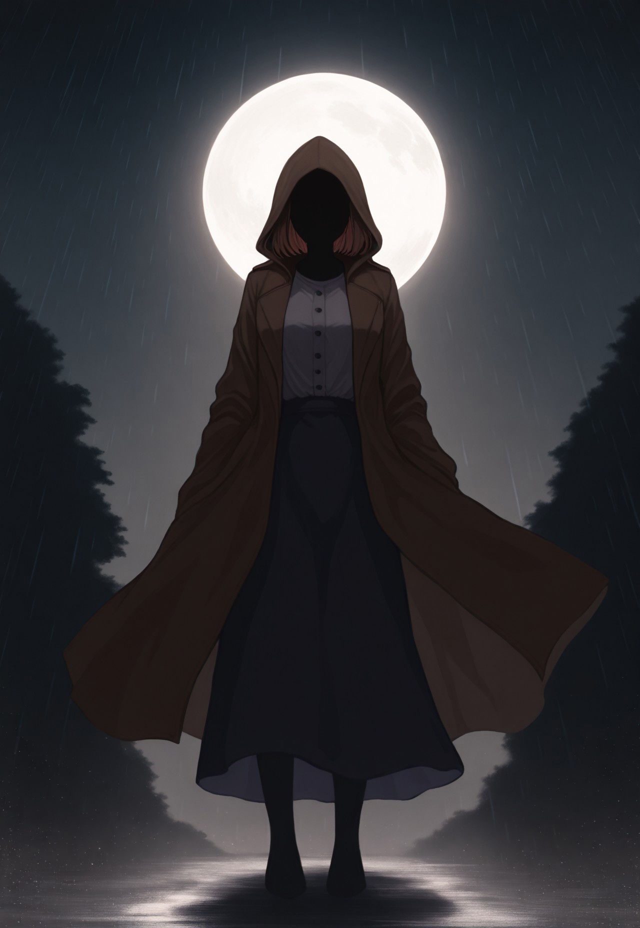 solo, ethereal, ultra-detailed, cinematic lighting, halfturned, particles, mesmerizing, fullbody,  horror, 


rain, moon, moonlight

no face, fully shadowed face, 


1girl,  short brown hair, grey blouse, dark long skirt, hood on, brown serif coat,

(748cmstyle:1.3), 

masterpiece,best quality,amazing quality, detailed, 
